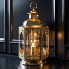 A gold lantern with a light inside sits on a black surface. The lantern is ornate and has a warm glow from the light inside. The black surface and the gold lantern create a sense of elegance. 