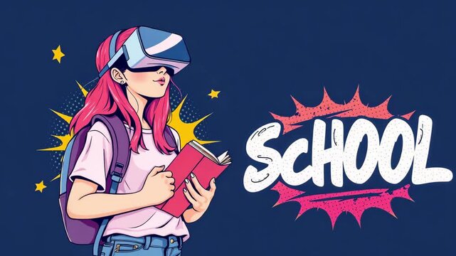 Schoolgirl with pink hair in virtual reality glasses and inscription school, cartoon vector style, concept of learning using modern technology