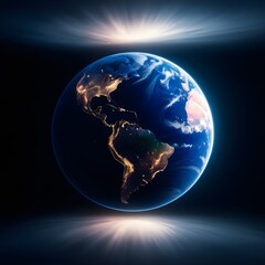 A globe with the continents of North America and South America lit up in the night sky. The globe is surrounded by a dark background, emphasizing the bright lights on the continents. 