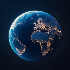 A blue and white planet with a dark sky. The planet is lit up with a warm glow. 