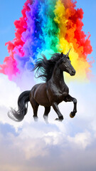 Obraz premium Mystical Horse & Rainbow Fantasy: A majestic horse emerges from a cloud, enveloped in a vibrant rainbow explosion. This image captures the essence of fantasy and magic. 