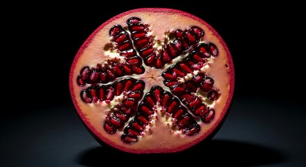 Fototapeta premium A vibrant cross-section of a ripe pomegranate revealing its jewel-like seeds on a dark background.