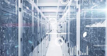 Gauge fading into view starting digital overlays animating along server aisle visualizing metrics - Powered by Adobe