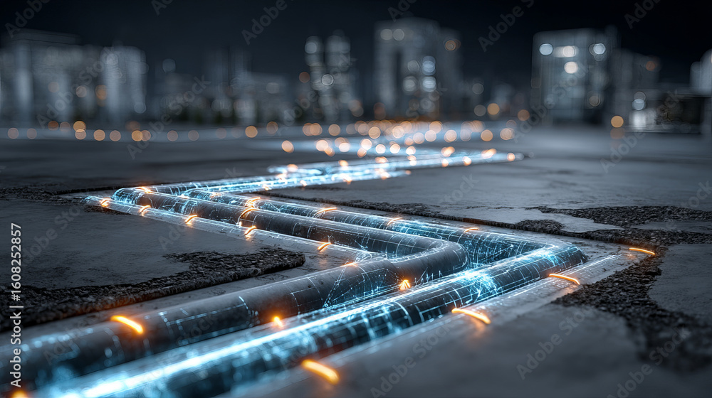 Poster futuristic city sewer system with glowing smart sensors and digital pipeline technology night, showi