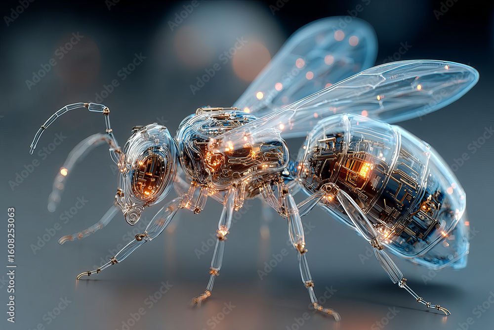 Poster transparent robotic insect with glowing circuits and mechanical wings, showcasing futuristic technol