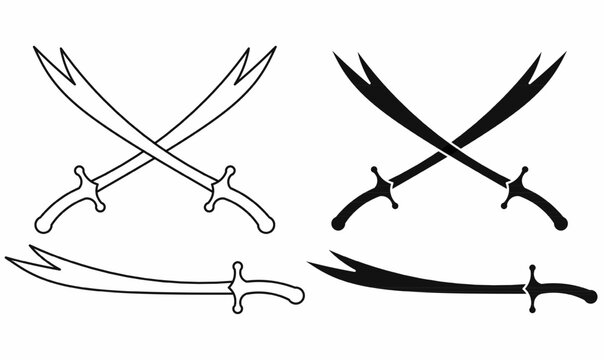 Vector illustration of Zulfiqar sword in outline, silhouette,crossed, black and white. Iconic split-tip Islamic sword in outline and silhouette, ideal for religious, historical, and symbolic themes.