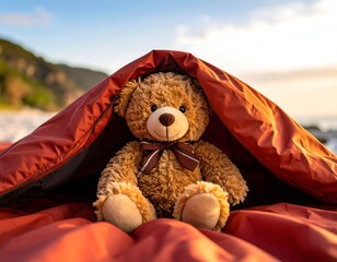 Teddy bear nestled in sleeping bag at sunrise