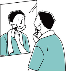 鏡の前で髭を剃るお父さん_単色