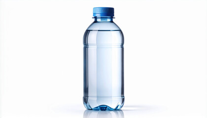 Naklejka premium Pure Refreshment: A transparent bottle of purified water stands upright against a subtle backdrop, offering a clear and crisp depiction of essential hydration and purity.