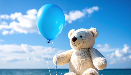 Teddy bear with balloon by the sea