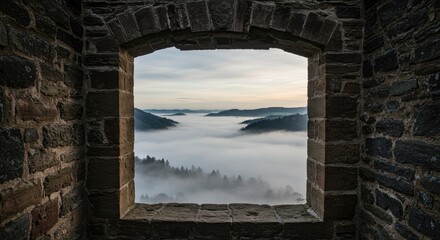 A stone window frame reveals a misty mountain landscape at dawn