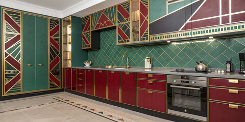 Art Deco-inspired kitchen with geometric patterns, bold colors, and chrome accents
