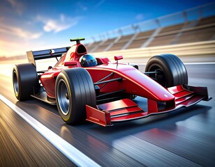 Naklejka premium Red racing car speeding on a track. Vibrant colors, fast motion blur, grandstand in background, sunset