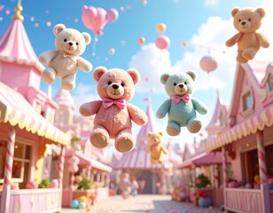 Teddy bears floating over candy town