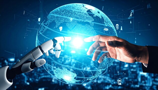the future of technology through the interaction of a human hand and a robot hand with a digital globe, representing AI and global connectivity.
