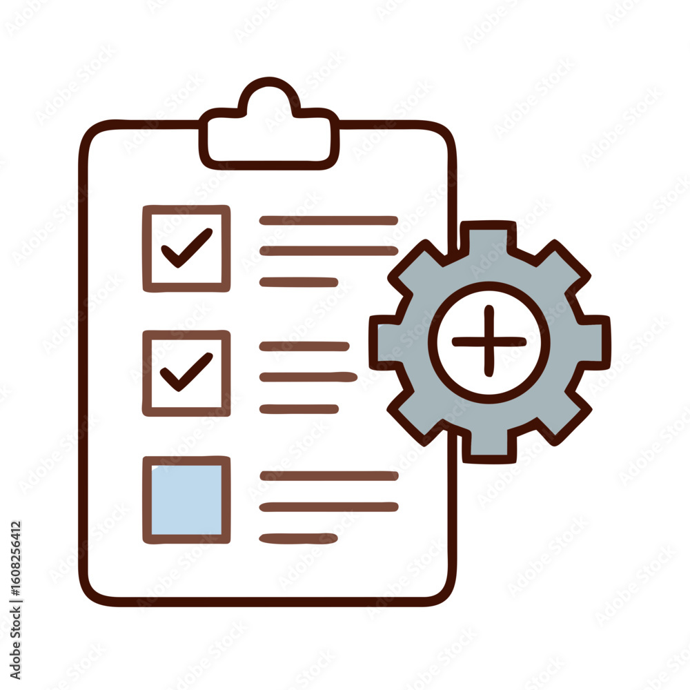 Poster a detailed document with a gear, representing a checklist with confirmed boxes and a pending task, i