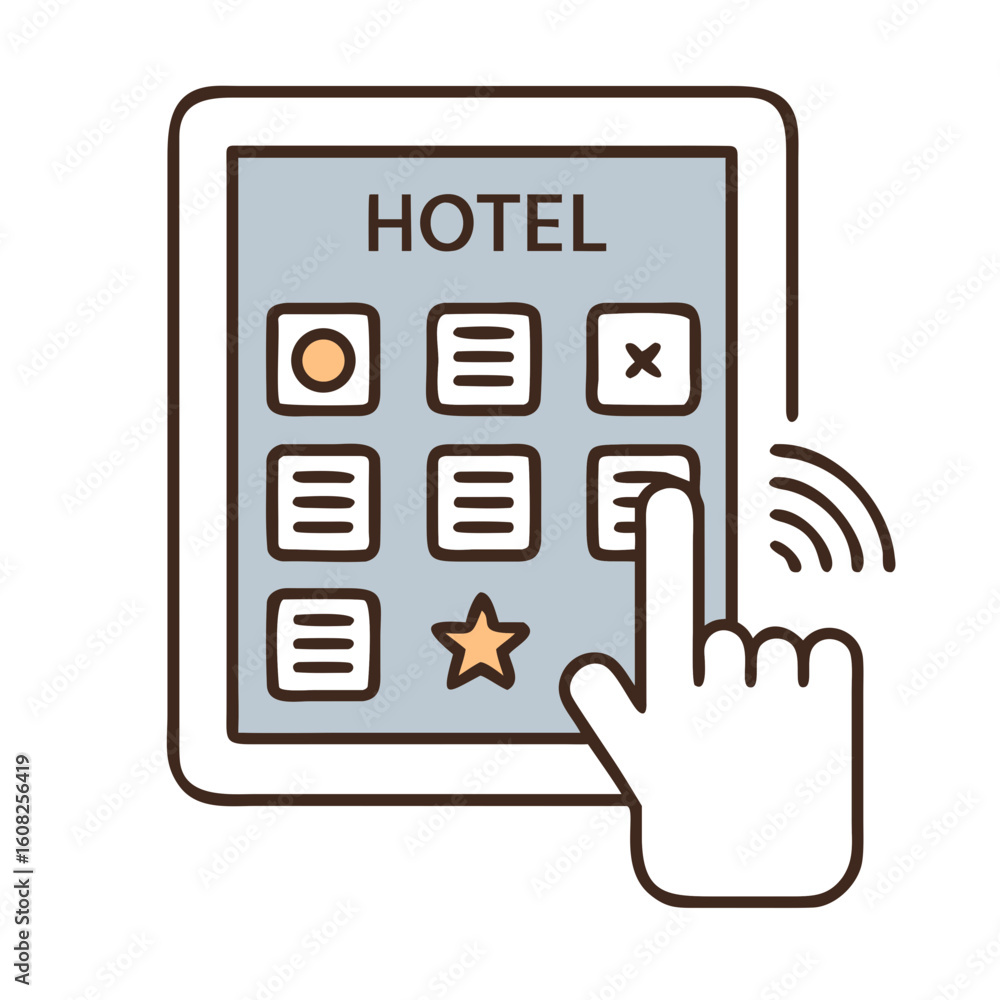 Poster an illustration showing a hand interacting with a tablet interface displaying hotel information and 