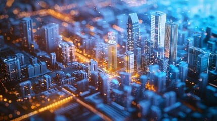 Smart city technology, 3D futuristic hub model. Urban innovation, digital infrastructure, planning, intelligent connectivity.