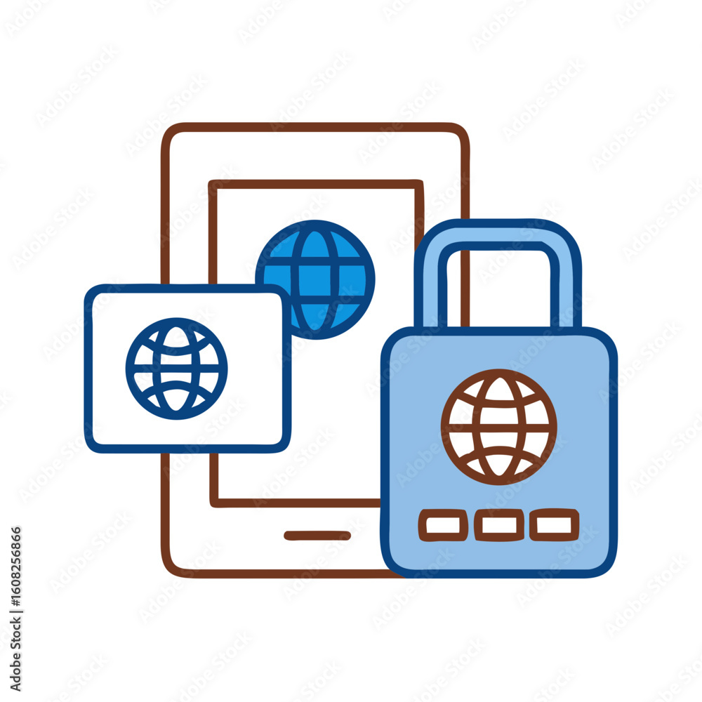Poster illustrative representation of digital data security and global connectivity, where a digital tablet