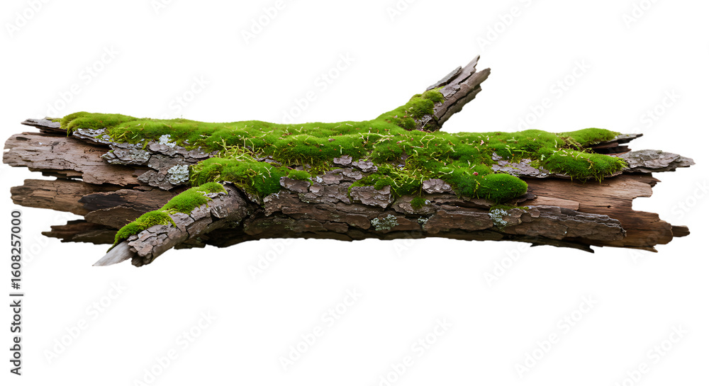 Poster mossy tree branch on isolated black background for compositing and design