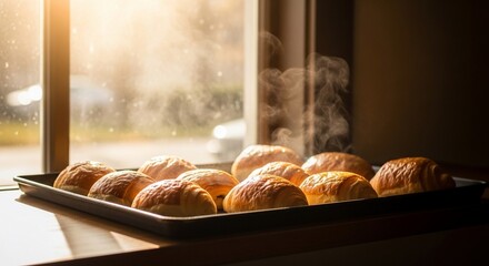Freshly baked rolls on a tray by a window, steaming and ready to be enjoyed