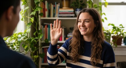 Smiling woman raises hand to greet someone in a casual setting with bookshelves and plants in the background