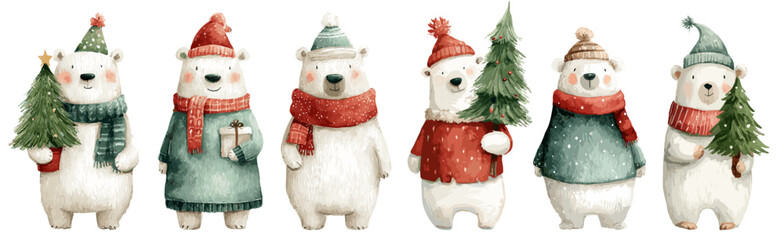 Christmas white bear set. Watercolor baby cartoon polar bear characters in scarves, coats, hats. Holding gift box, christmas tree vector illustration