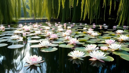 Tranquil Lotus Pond with Weeping Willows