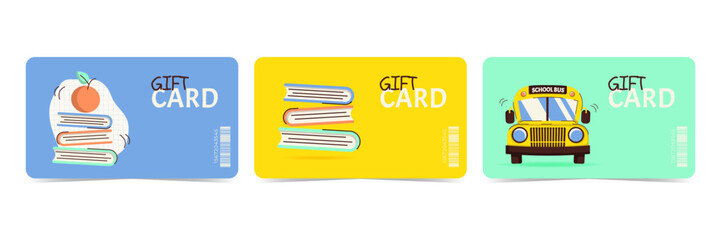 Colorful gift cards set with school bus, apple and books. Templates for promotions, discounts, rewards and marketing materials. Flat vector illustration