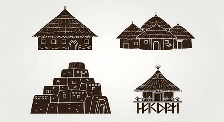 A collection of stylized illustrations of various traditional Asian house roofs.