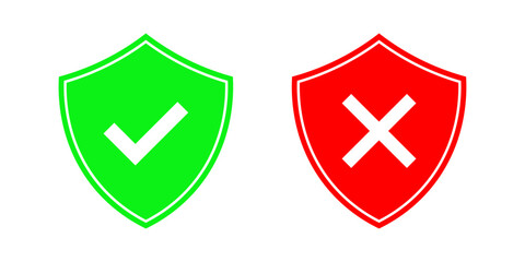 Outlined Shield Icons with Check and Cross for System Verification and Warning