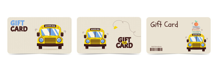 Modern gift cards set with school bus, paper planes, books, apple. Templates for promotions, discounts, rewards and marketing materials. Flat vector illustration