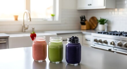 A trio of colorful fruit smoothies in glass jars on a modern, bright kitchen counter.