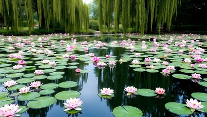 Tranquil Lotus Pond with Weeping Willows