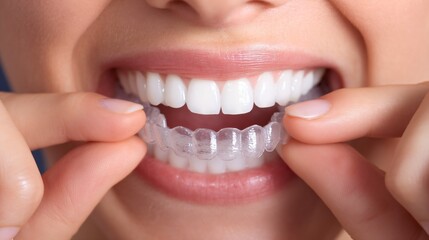Close-up of a woman’s hands placing clear dental aligners onto her straight white teeth, showcasing modern orthodontic care, dental health, cosmetic dentistry, and professional teeth alignment 