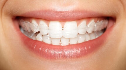 Close-up of a woman&rsquo;s hands placing clear dental aligners onto her straight white teeth, showcasing modern orthodontic care, dental health, cosmetic dentistry, and professional teeth alignment 