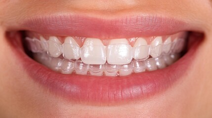 Obraz premium Close-up of a woman’s hands placing clear dental aligners onto her straight white teeth, showcasing modern orthodontic care, dental health, cosmetic dentistry, and professional teeth alignment 