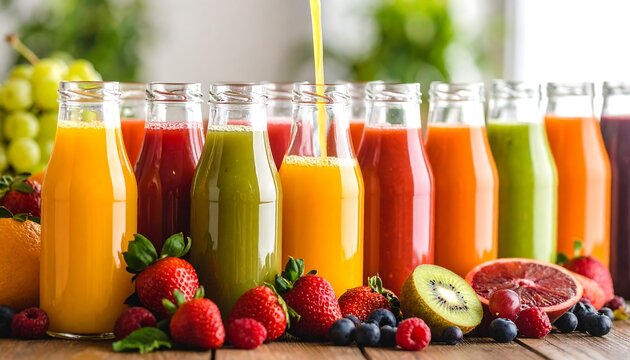 Colorful fruit juices in bottles