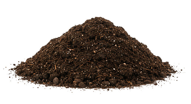 Pile of dark brown potting soil with perlite on black background - Powered by Adobe