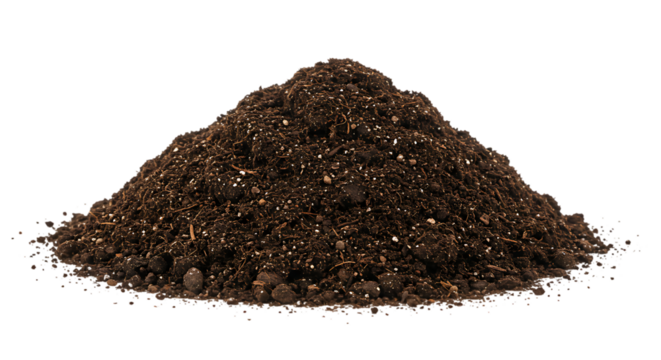 Pile of dark brown potting soil with perlite on black background