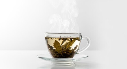 Enjoying a warm cup of brewed herbal tea with visible steam rising against a clean white background