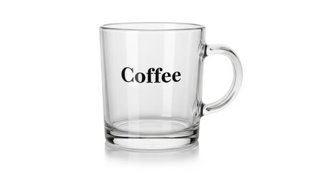 Clear glass mug with the word Coffee printed on it