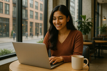 Young woman with laptop, woman working on a laptop at cafe, with coffee mug, modern urban setting
