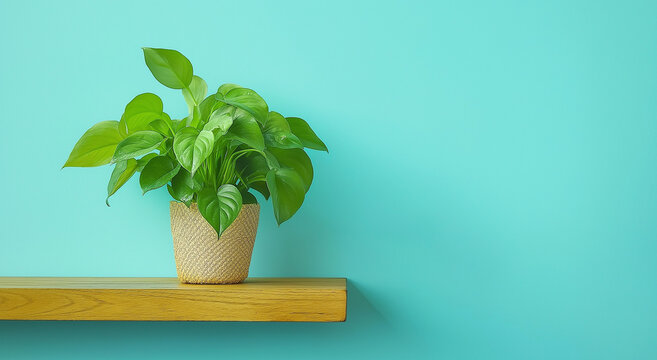 uma planta de costela de Ad&atilde;o em uma prateleira de madeira sobre um fundo azul beb&ecirc;