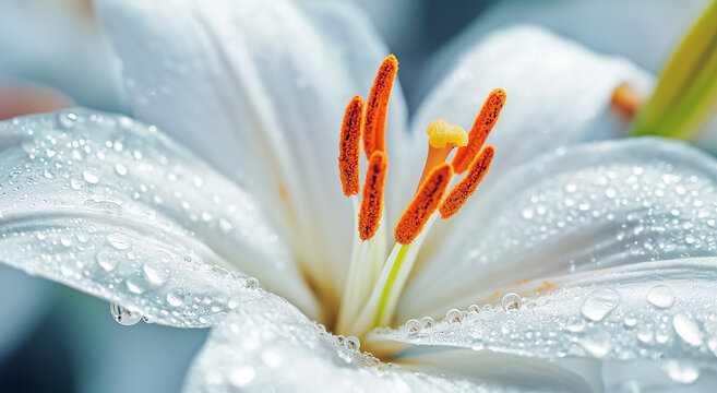 Imagem em close-up de uma flor de l&iacute;rio branco coberta de orvalho, destacando o estame laranja e as texturas delicadas de suas p&eacute;talas, criando uma atmosfera fresca e serena