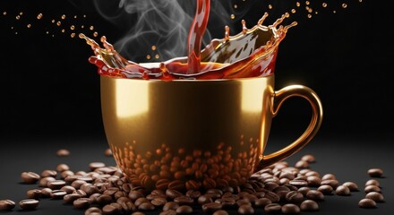 Golden coffee cup filled with steaming hot coffee and splash effect surrounded by coffee beans