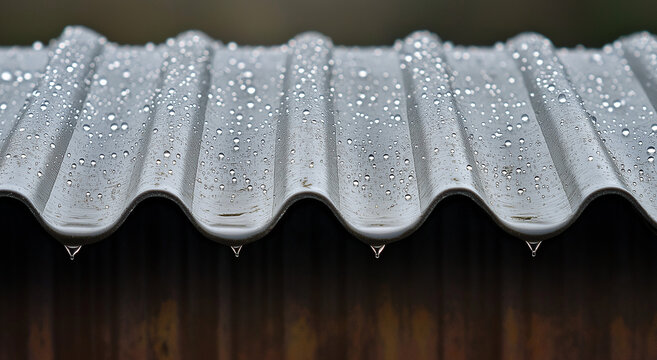 Vis&atilde;o detalhada de gotas de chuva delicadamente equilibradas em um telhado de metal corrugado durante um aguaceiro, capturando a ess&ecirc;ncia da chuva e sua intera&ccedil;&atilde;o com superf&iacute;cies urbanas.