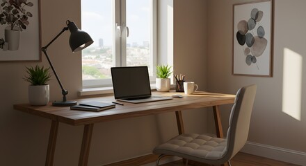 Modern Home Office with Laptop and Natural Light, Minimalist Wooden Desk Workspace for Remote Work and Study in a Bright Room with City View