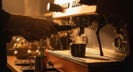 Skilled barista preparing espresso using a professional coffee machine creating rich aromatic beverage with steam rising from the cup