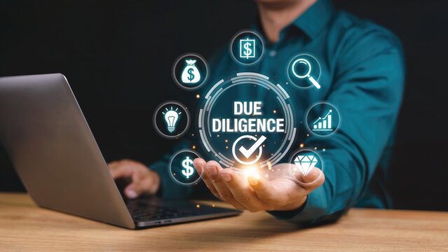 Man using laptop for due diligence with financial icons for business success and investment security - Powered by Adobe